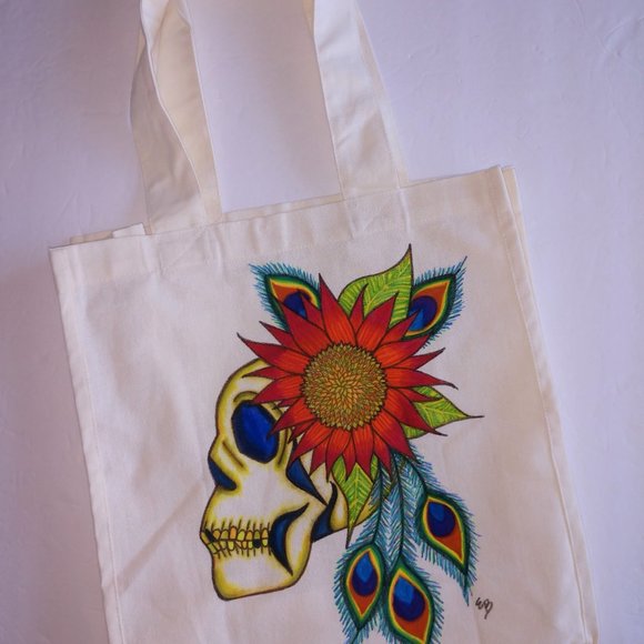 Hand-Painted Skull Tote Bag: Sunflower & Peacock Feather Art 14x13x7 - Picture 2 of 16